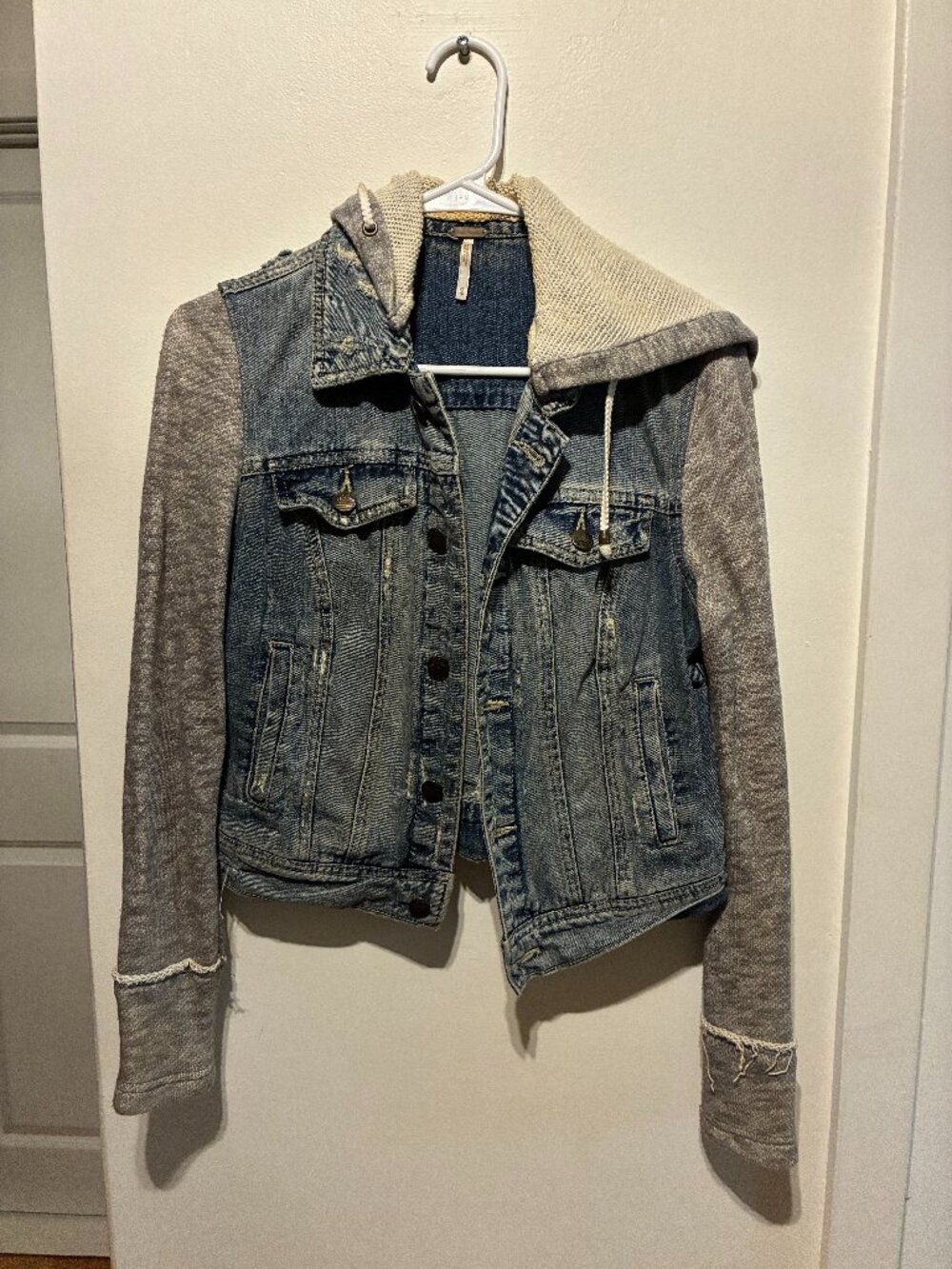 Free People Denim Jacket Knit Hood & Sleeves Distressed